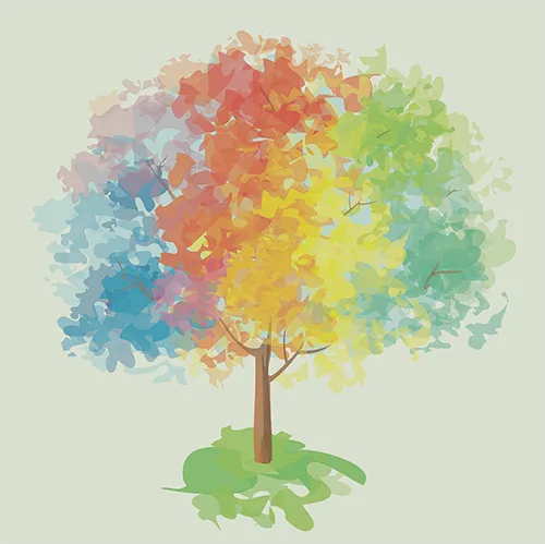 tree drawing with rainbow leaves